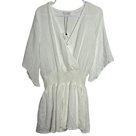 MIOU MUSE NWT  white mini flare gauze dress,cotton, smocked waistline - Picture 12 of 14